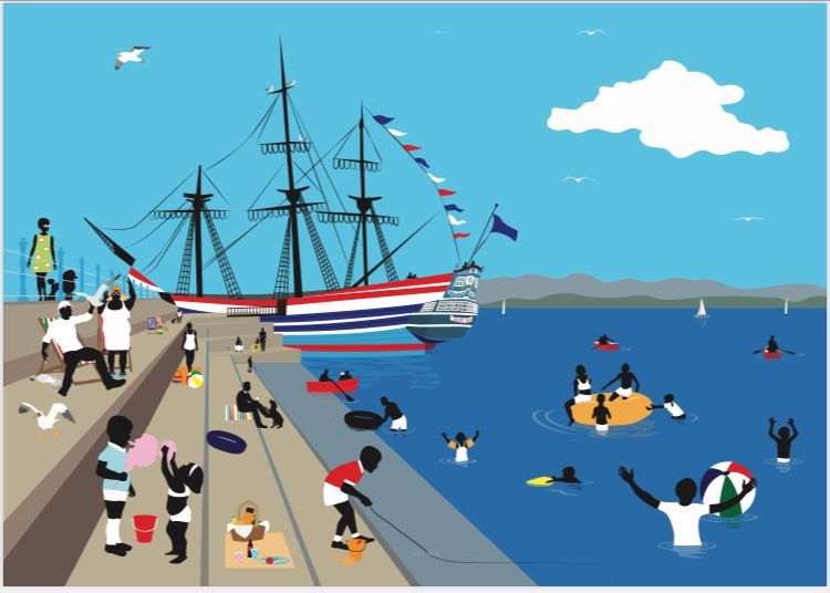 A flat colour graphic illustration of the moby dick pirate ship, a morecambe attraction in its heyday. The illustration shows many people enjoying a sunny day on morecambe promenade and paddling in the sea. Kids eating candy floss, crabbing in the paddling pool and children playing in the water of morecambe bay.