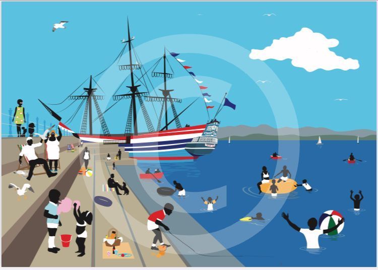 A travel poster style flat colour art illustration of morecambe beach with the Moby Dick pirate ship in the background. The beach is full of people enjoying the sunny morecambe weather, crabbing, eating candy floss, playing in the water in morecambe bay and seagulls trying to eat the fish and chips.