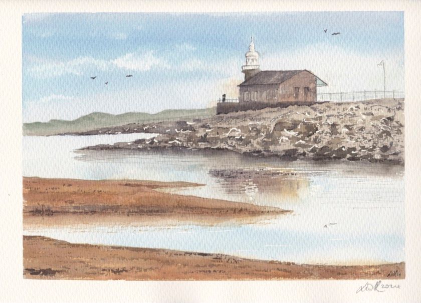 Lidia Ranns morecambe stone jetty watercolour painting on a cotton paper. It's a clear day with blue skies and the jetty is reflecting in the water.