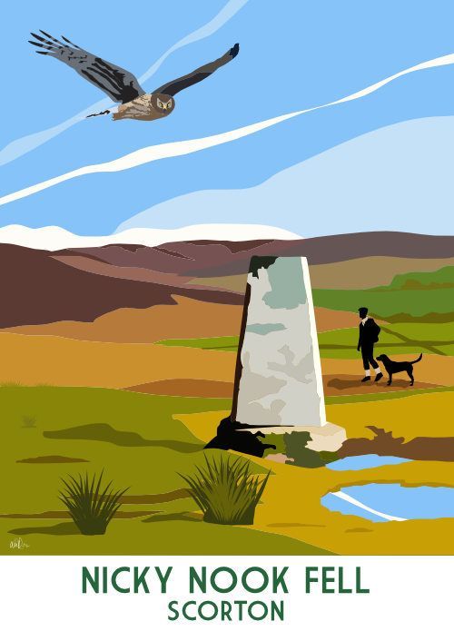 nicky nook fell in a graphc travel poster style illustartion by lidia ranns. there is a hen harrier flying over and a a man walking a dog in the distance.