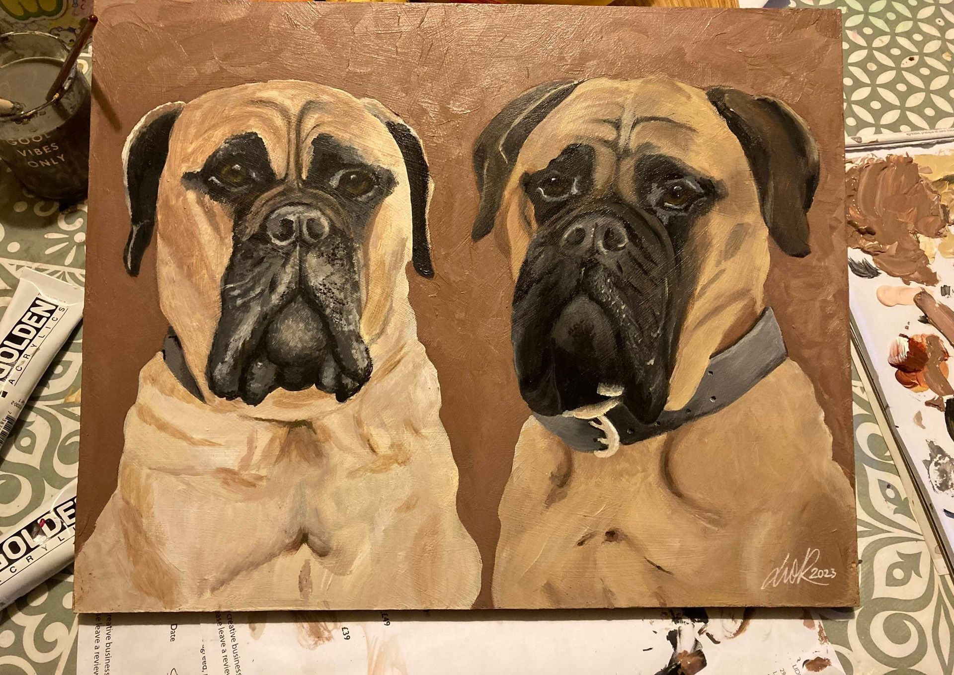 Stanley and henry the bullmastiffs from Morecambe dog portraits by Lidia Ranns. Acrylic on board