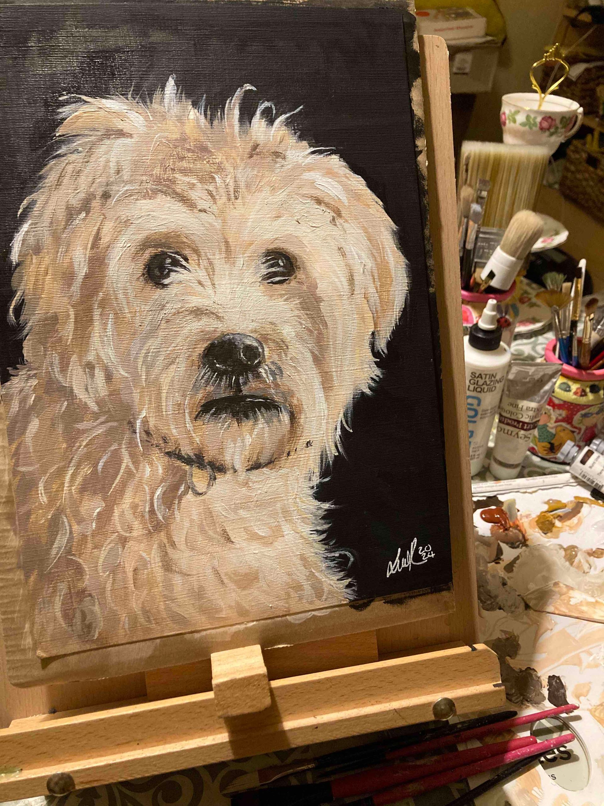 daisy pet portrait in lancaster by Lidia Ranns. Acrylic on paper