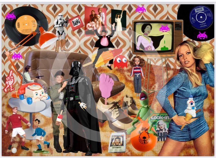 a colourful and fun pop art style collage of everything a 1970's toy box and room would have! Darth Vadar and action man, top of the pops, space hoppers and ABBA