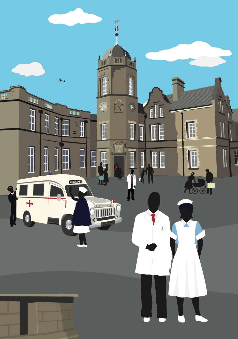 the old maternity ward at the royal lancaster infirmary art by lidia ranns. This flat colour illustration is a nostalic 'call the midwife' 1960's style tribute Lancaster past and present. The nurses are in their vintage uniforms and theres a mini cooper and classic ambulance.