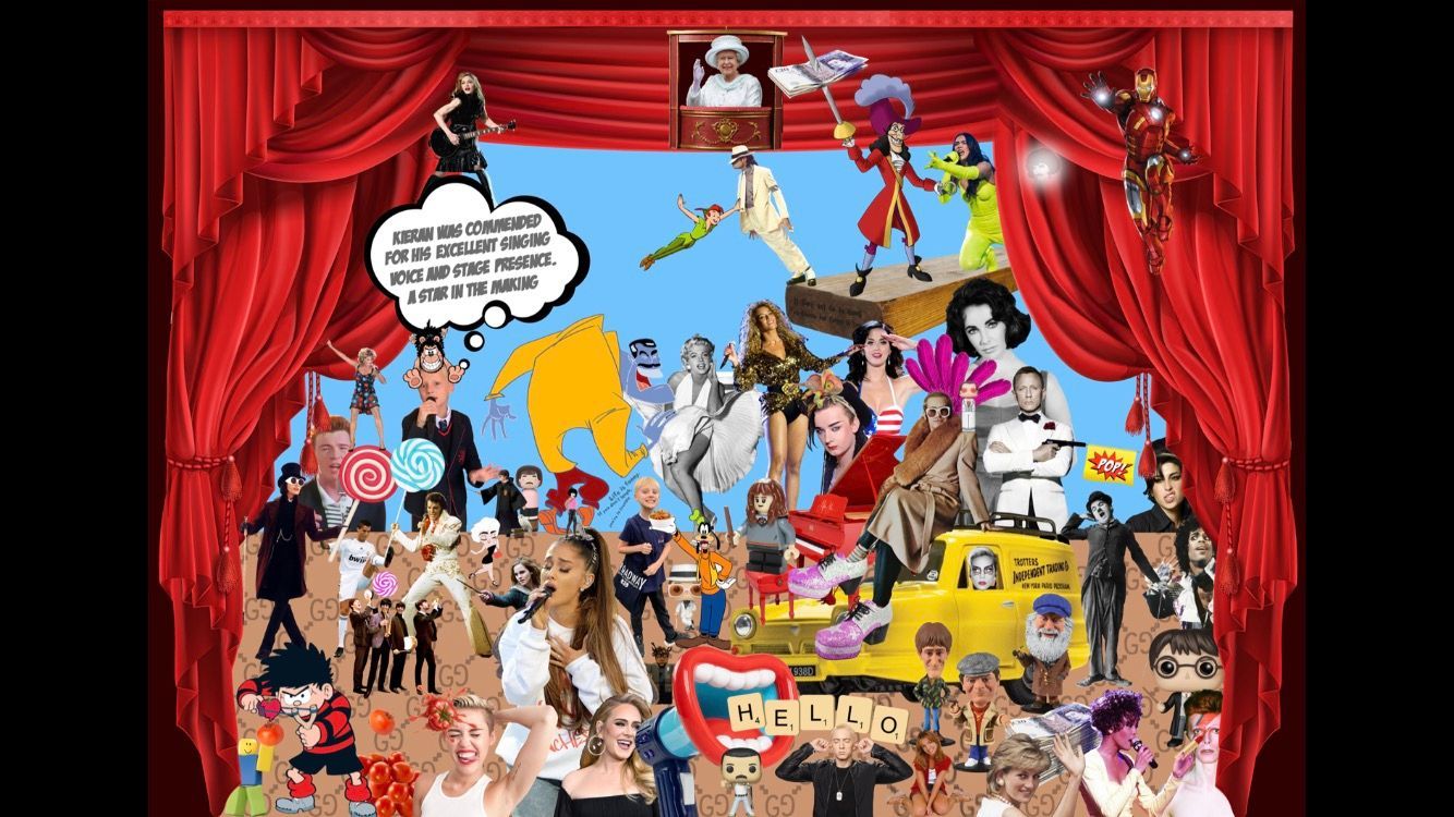 a commission done of a bold and vibrants surreal pop art style collage of icons of the stage