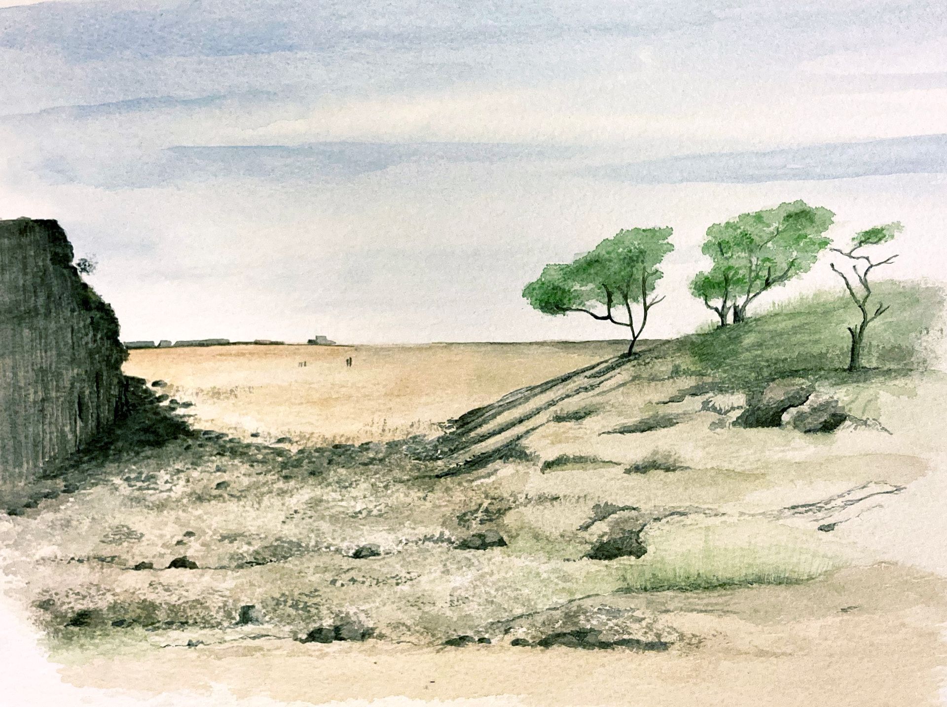 a watercolour painting of Morecambe Bay from the beach cove at silverdale. This is the painting that has been included in the 2024 calendar of Lancashire and was a final 12 in the Lancashire Artist of the Year 2023 competition