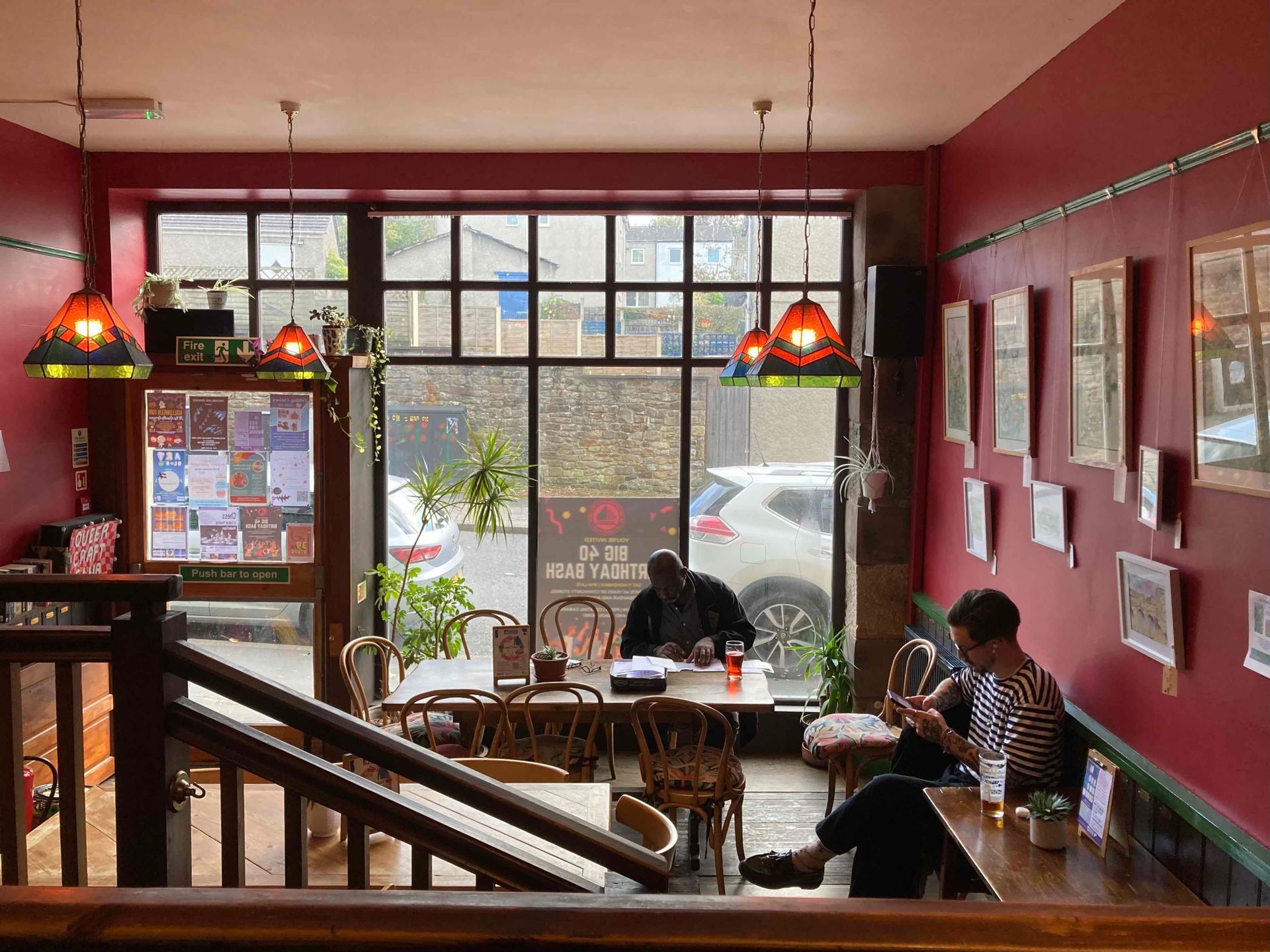 the back bar area at the gregson centre in lancaster, looking out onto moorgate.