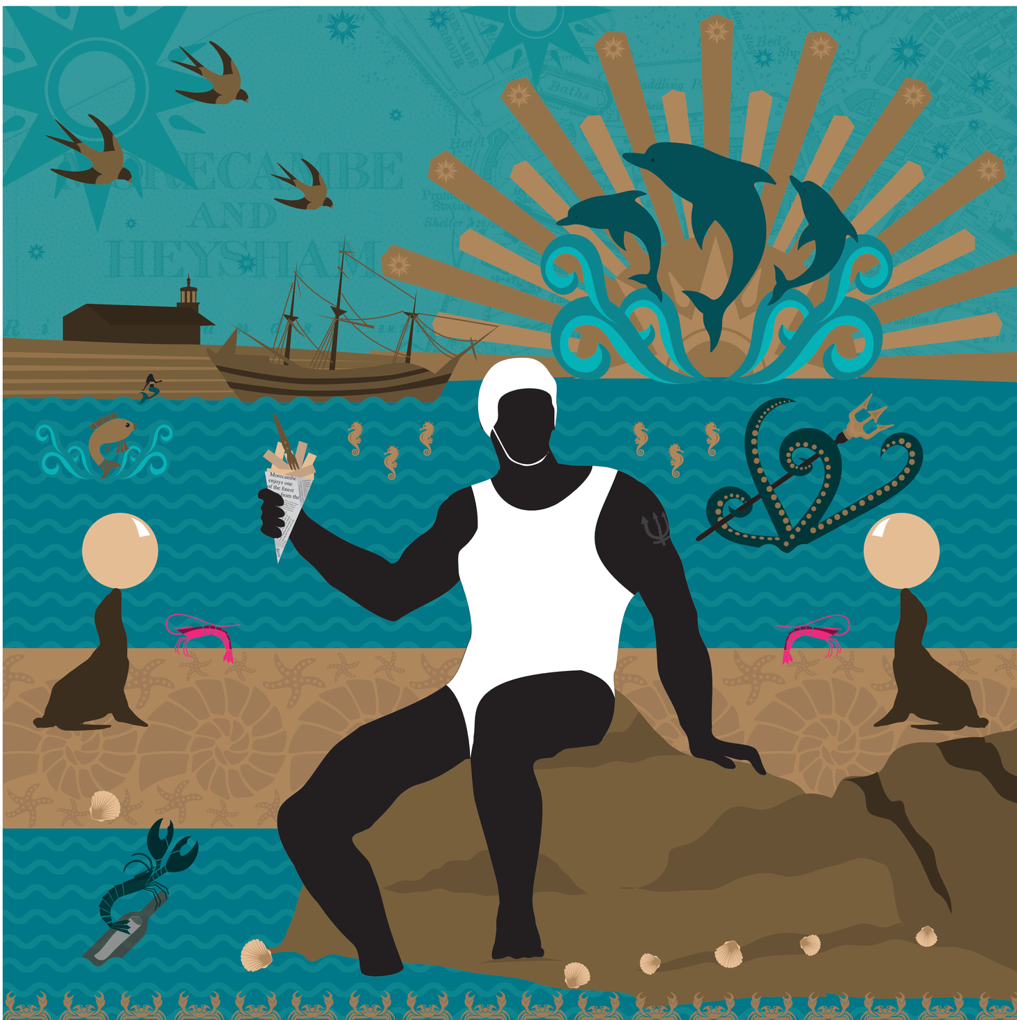 Neptune 1935, an art deco style flat art illustration. Roman god Neptune who has ditched his trident for a cone of chips, roman mythology with an art deco twist featuring many morecambe landmarks, including the stone jetty cafe (formerly the LMS station and lighthouse, the moby dick pirate boat visitor attraction, and rocky the dolphin and friends from the former marineland.