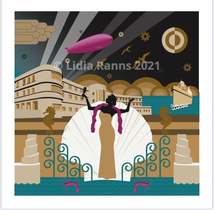 This Image Is copyright a surreal graphic illustration depicting morecambe in its heysday and roman mythology and glamour. Venus of morecambe. Art deco style Roman goddess Venus in morecambe with the midland hotel and art deco styled illustration