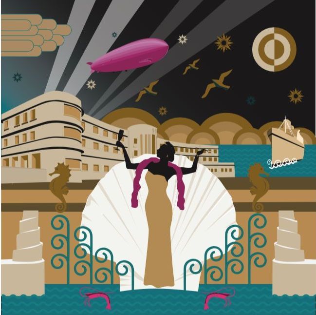 Venus 1933 is an art deco style. It shows a woman stood in front of the Midland Hotel in Morecambe stylised in an art deco graphic style.