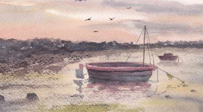 a watercolour painting of morecambe bay at sunset. There is a boat in the sea in the foreground and gulls flying over. Watercolour on cotton paper by lidia ranns