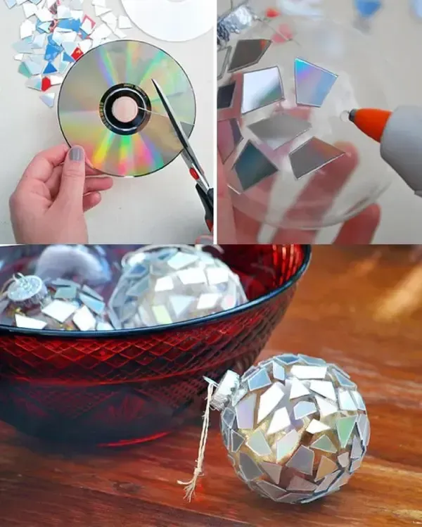 Recyclage de CD DVD en découpant et collant sur boules de noël