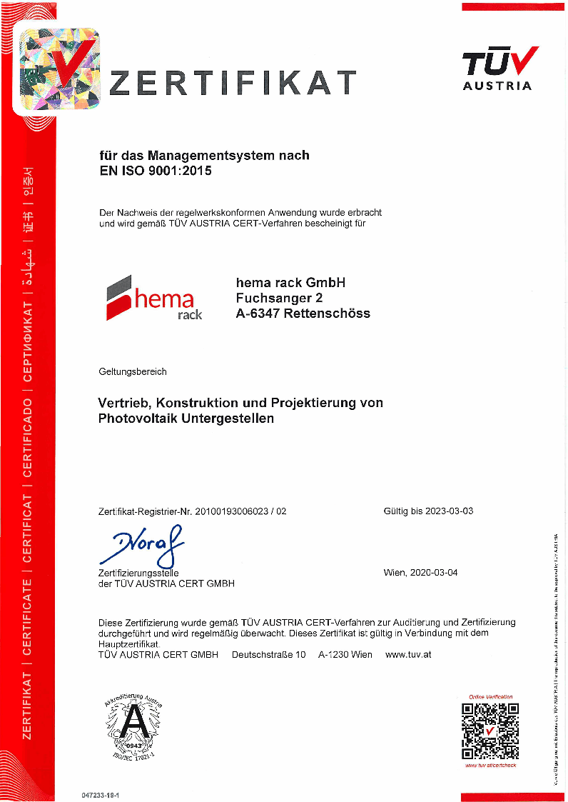 hema TÜV Zertifikat EN ISO 9001:2015