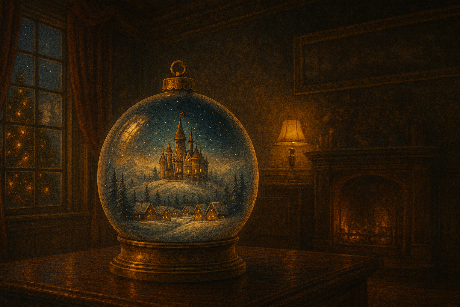 Disegno sfera di Natale con il Regno d’Inverno al suo interno, villaggio innevato e luci soffuse