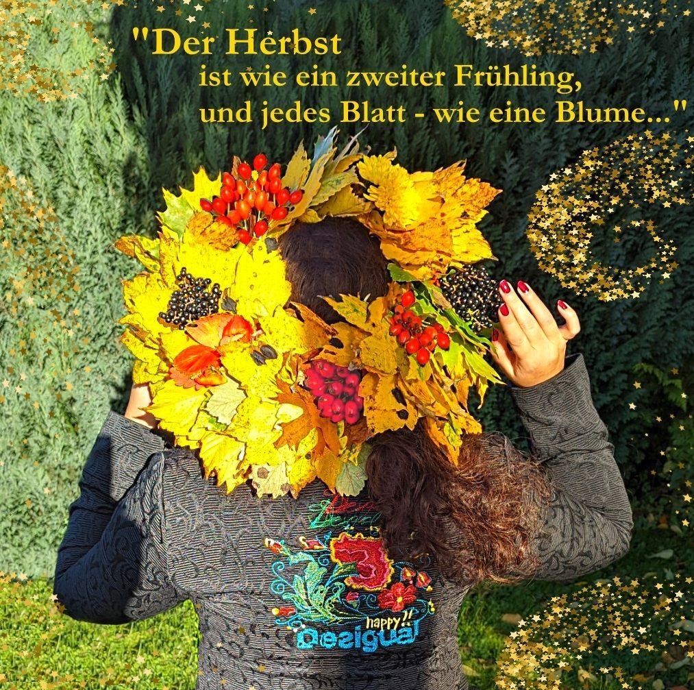 Herbstblätter Frau im Garten mit einem Herbstkranz auf dem Kopf