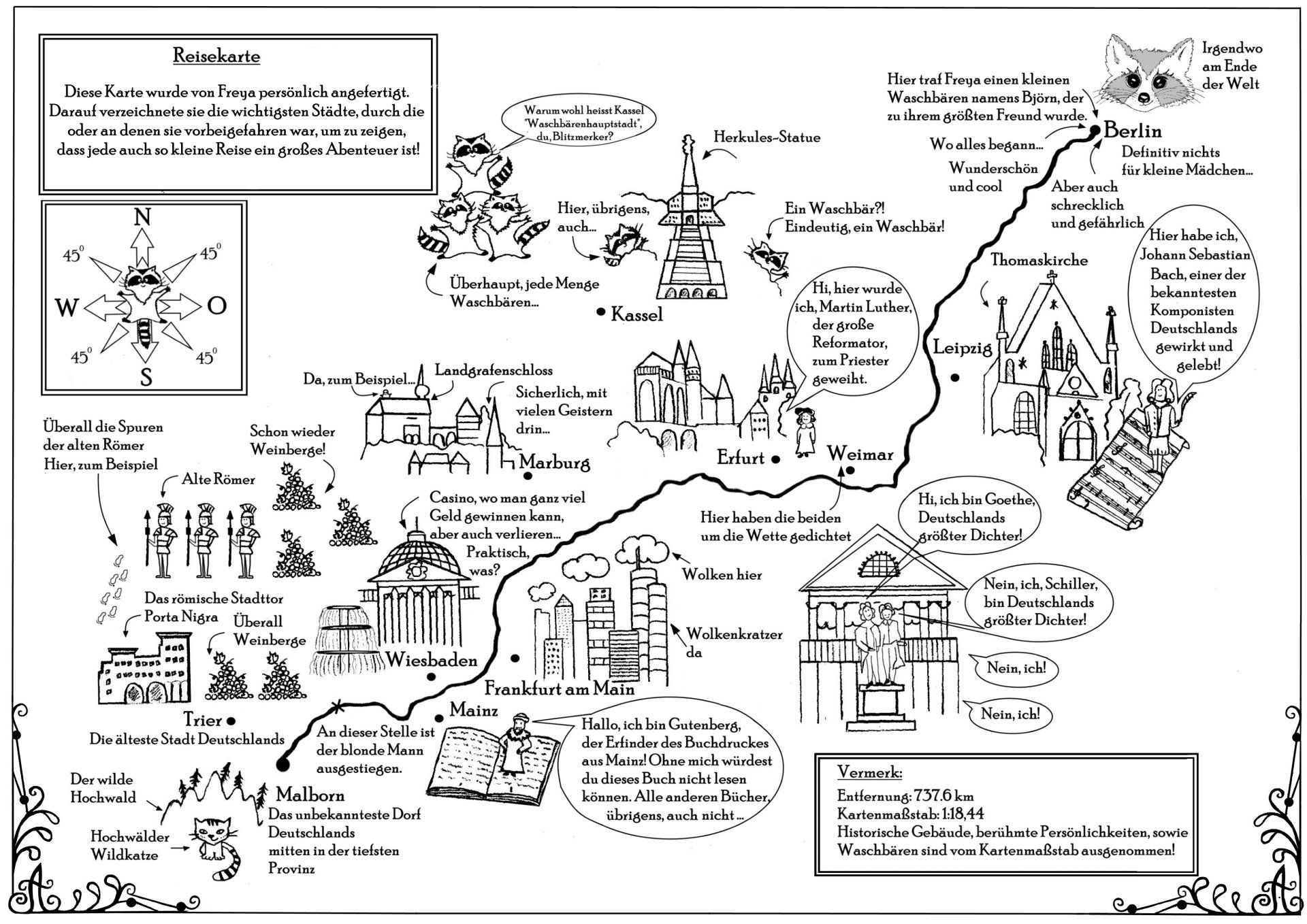 Die Karte von Freyas Reise nach Berlin - mit einigen Vermerken und lustigen Fußnoten Eine lustige Karte von einer magischen Reise durch Deutschland
