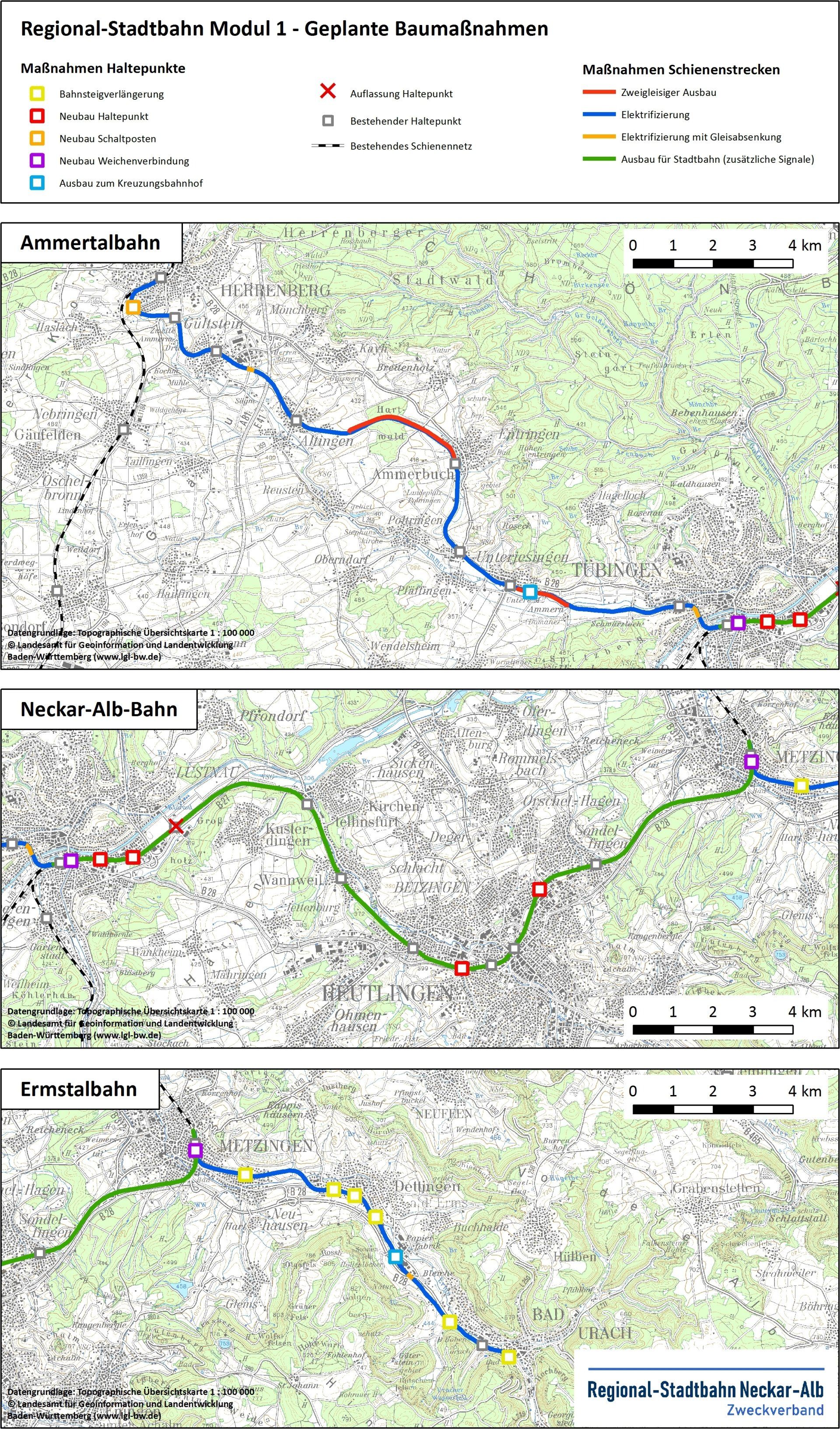 Abbildung der geplanten Baumaßnahmen in Modul 1, aufgeteilt nach Einzelstrecken