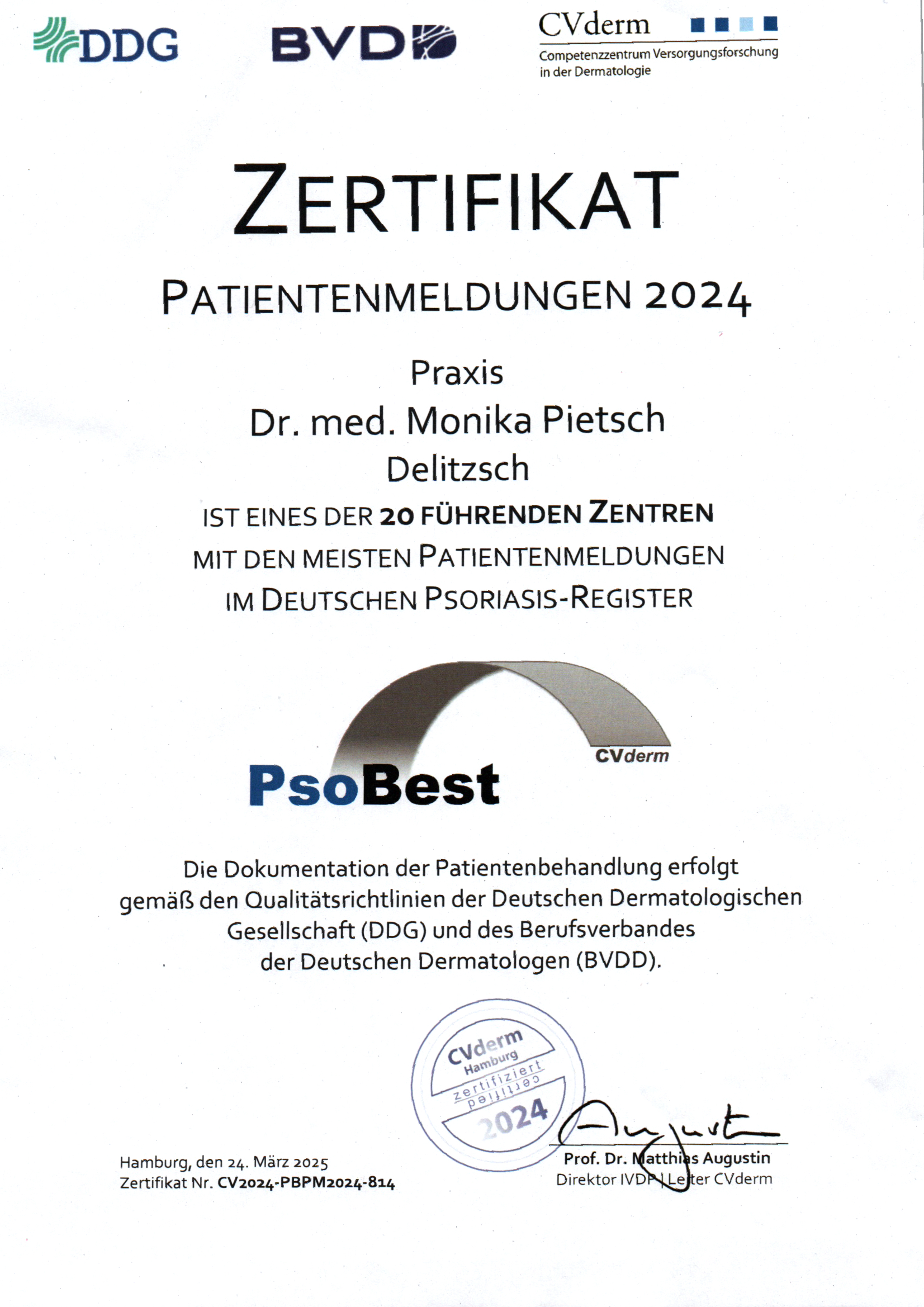 Hautmedizin Delitzsch PsoBest Zertifikat 2024