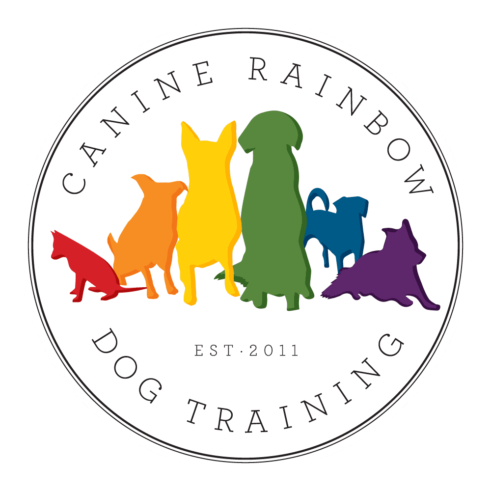 Canine Rainbow Dog Training logo with rainbow and dog silhouette, symbolizing dog training.