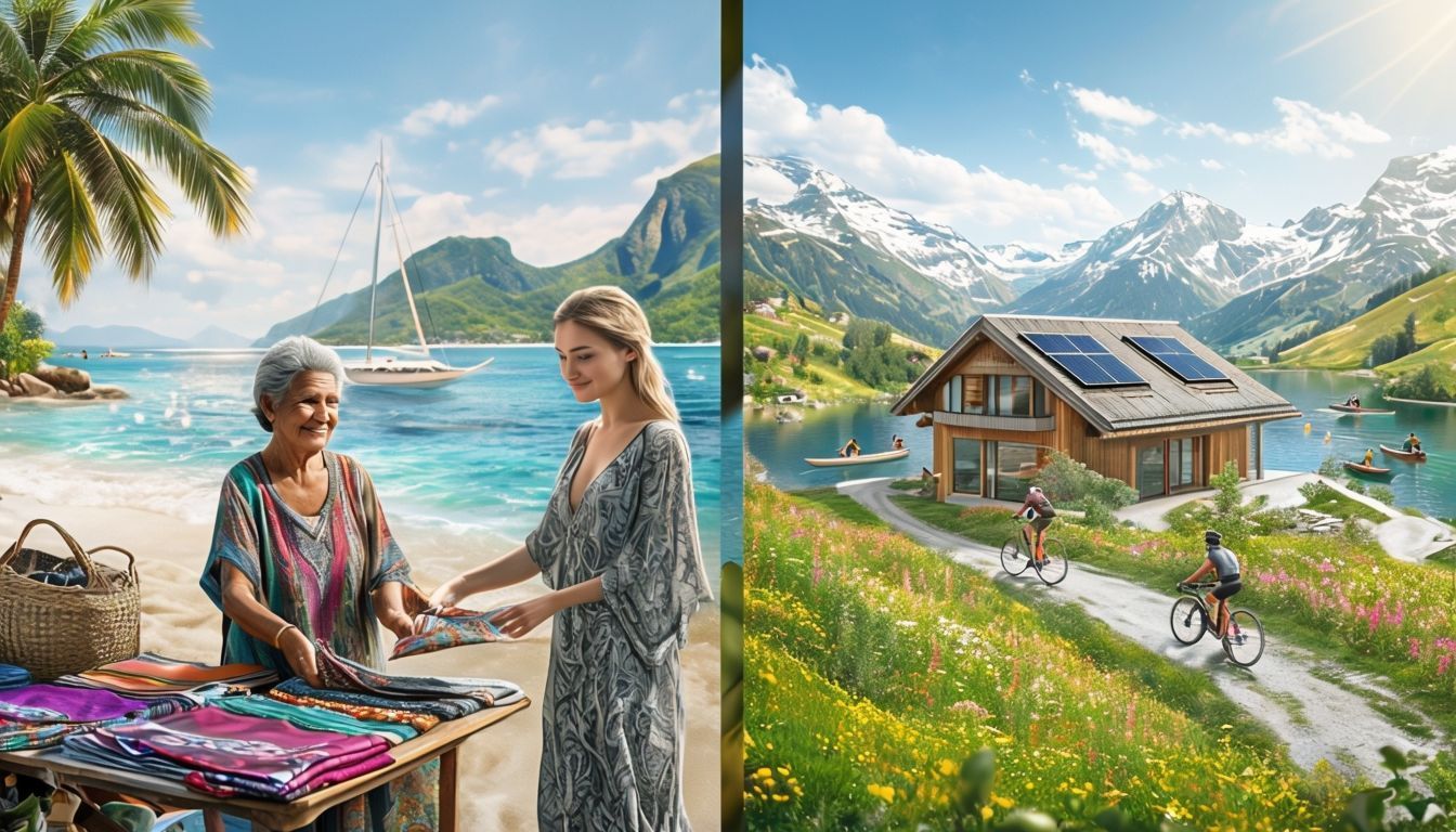 Von GEOlaViva erstellt mit KI - Created by GEOlaViva with AI Zwei Szenen: Links eine Touristin, die an einem Strand bei einer einheimischen Frau bunte Tücher kauft, im Hintergrund Segelboot und Palmen. Rechts ein nachhaltiges Holzhaus mit Solarpaneelen, umgeben von Alpenlandschaft mit Radfahrern und einem See.
Two scenes: On the left, a tourist buying colourful scarves from a local woman on a beach, with a sailing boat and palm trees in the background. On the right, a sustainable wooden house with solar panels, surrounded by an Alpine landscape with cyclists and a lake.