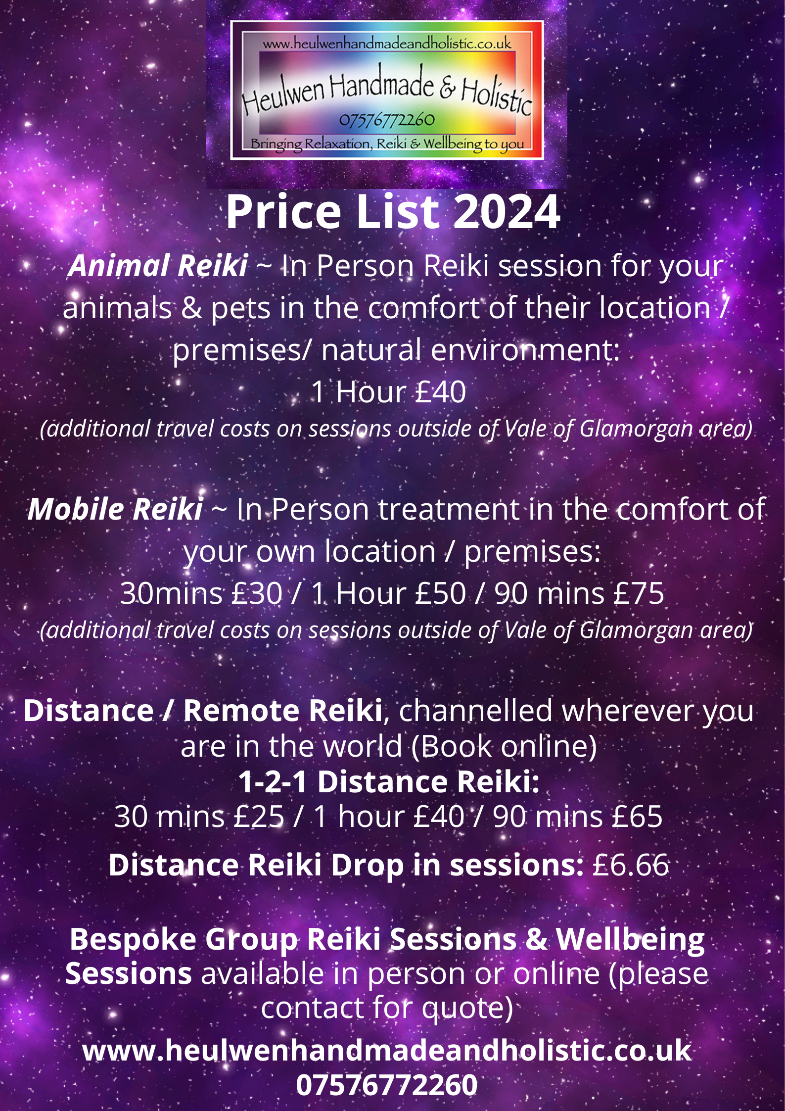 Price list and different Reiki and Animal Reiki Session options, in person and distance Reiki healing energy sessions to help promote relaxation, reduce stress promote healing and wellbeing. Barry Vale of Glamorgan