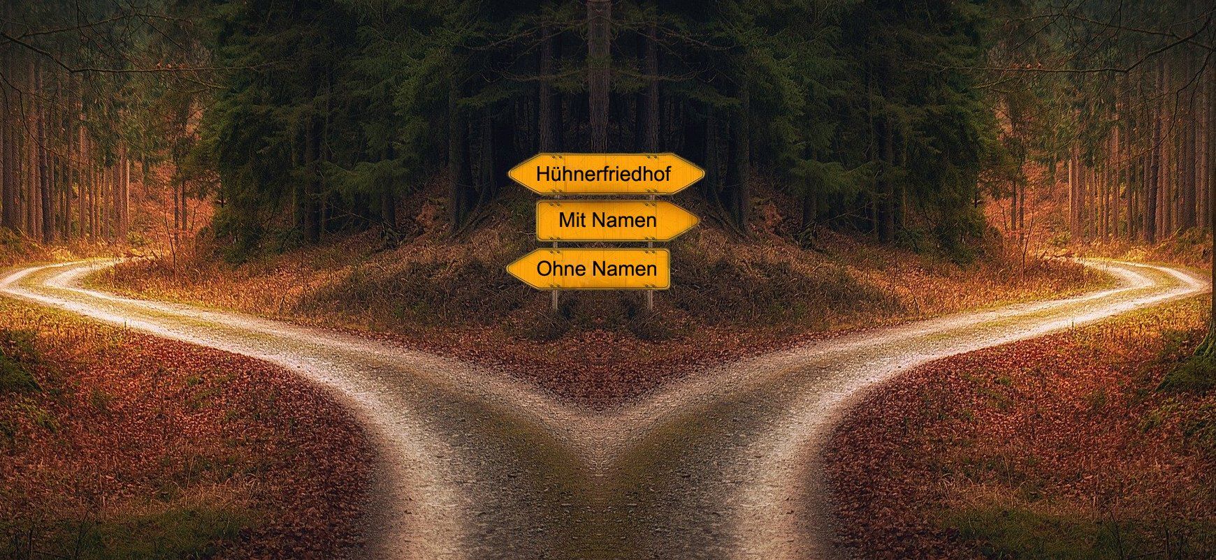 Hühnerfriedhof Wegweiser Hühnerfriedhof Wegweiser zu den Abeilungen