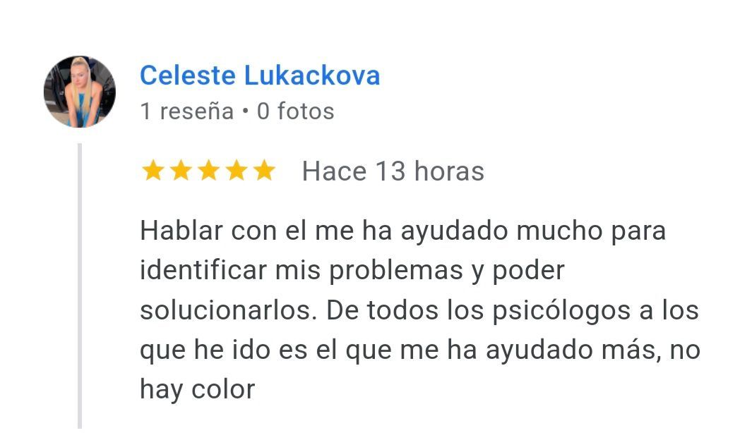 Opinión de Celeste de psicólogo en Castellón especializado en ansiedad en Google my business