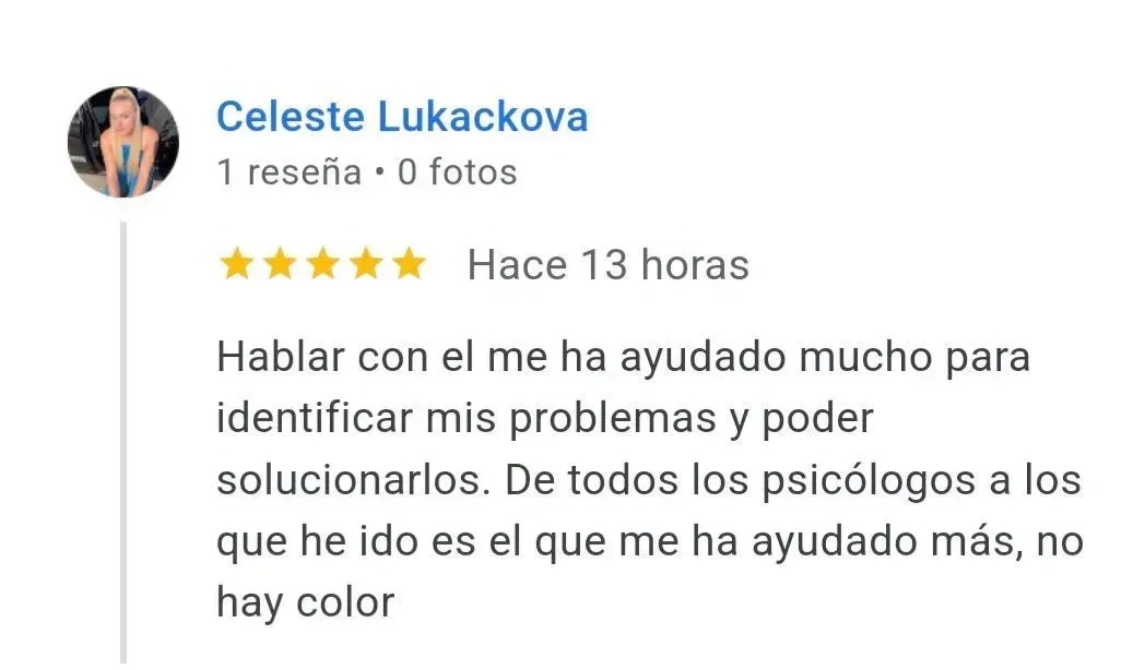 Opinión de Celeste de psicólogo en Castellón especializado en ansiedad en Google my business