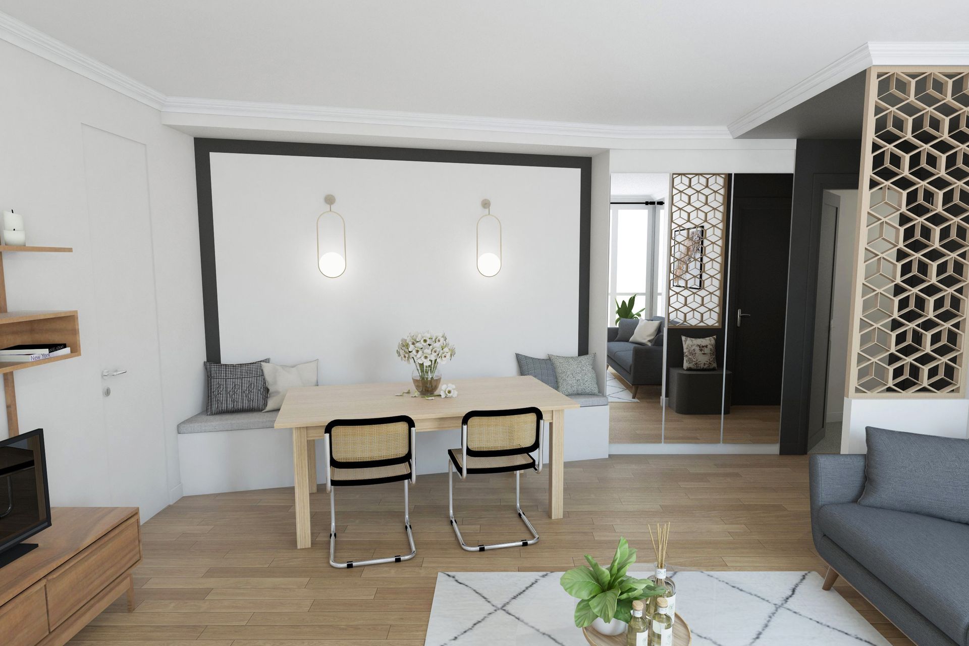 AXIOME Interior Design, architecte d'intérieur paris,  salle à manger, banquette, sur mesure, 3Dvant après