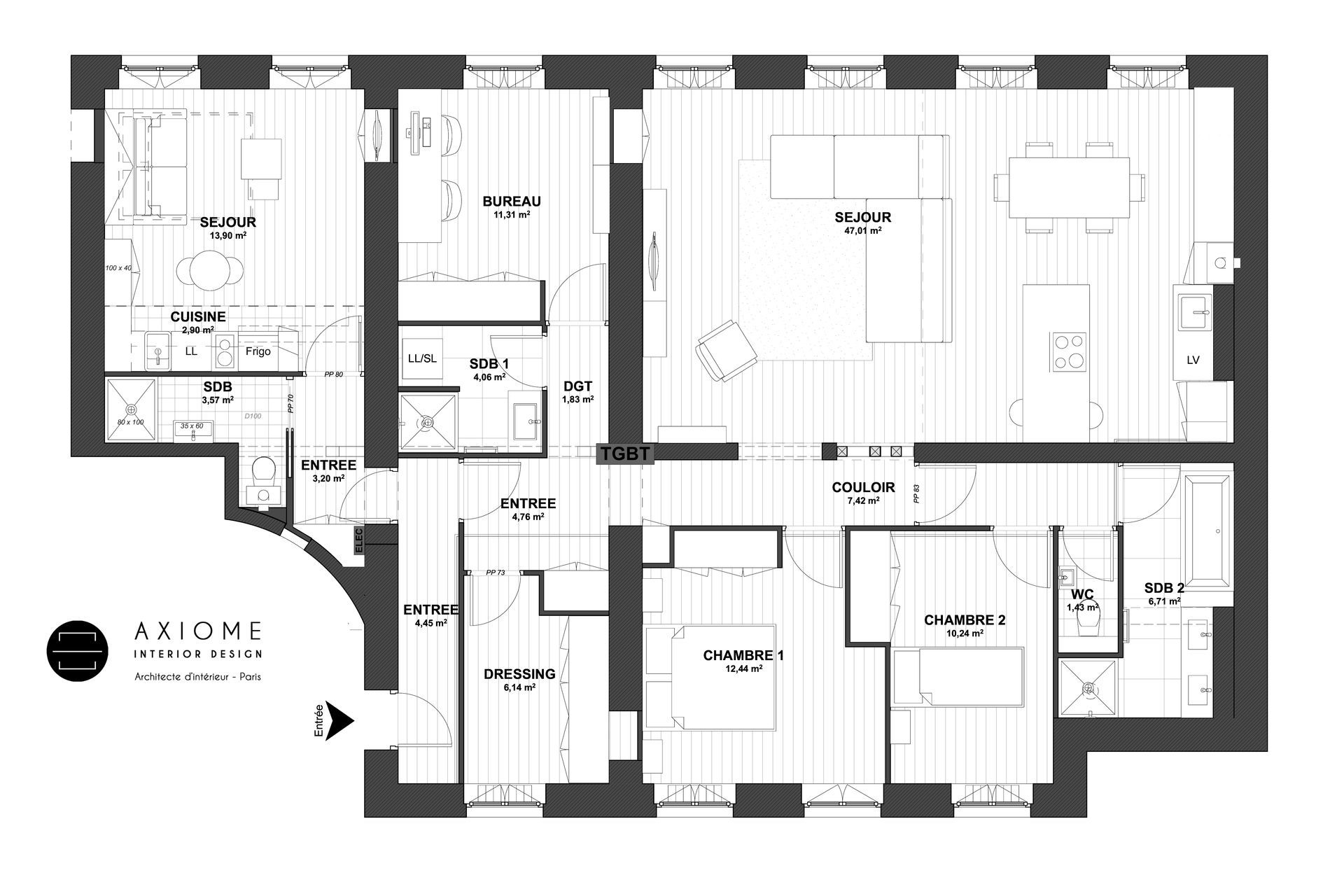 AXIOME Interior Design, architecte d'intérieur Paris, appartement parisien, plan après