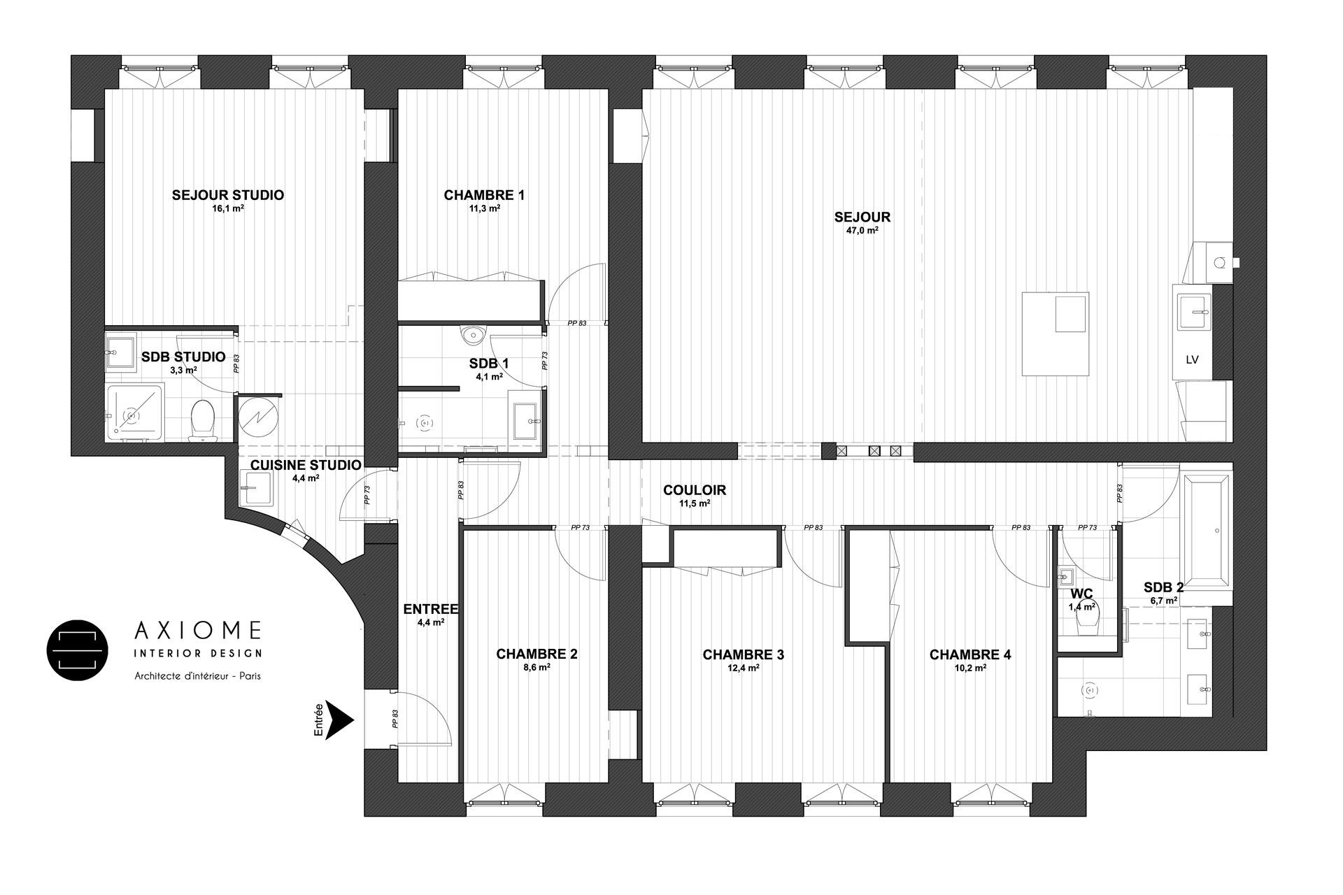 AXIOME Interior Design, architecte d'intérieur Paris, appartement parisien, plan avant