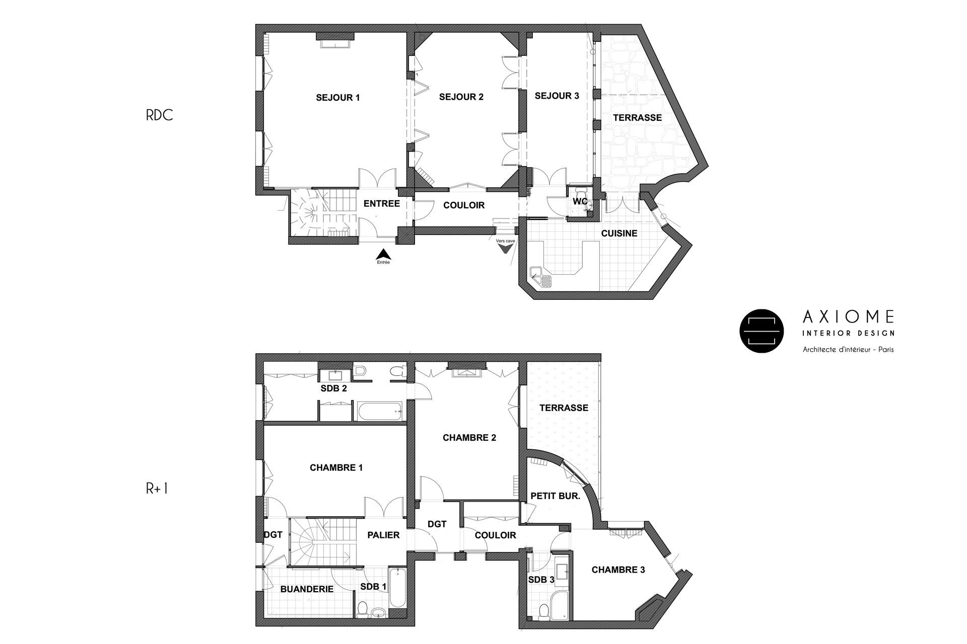AXIOME Interior Design, architecte d'intérieur Paris, appartement haussmannien, plan avant duplex