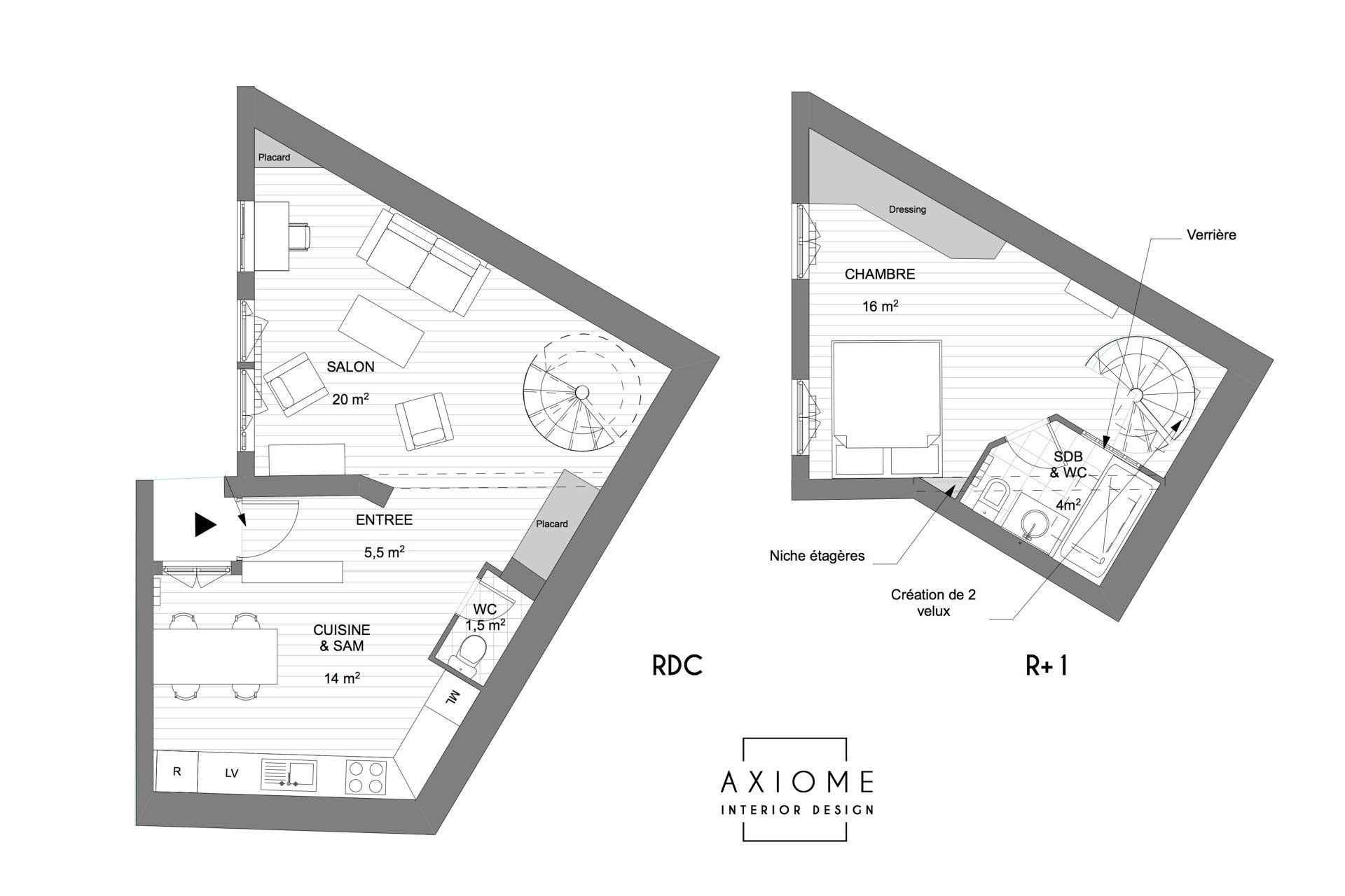 AXIOME Interior Design, architecte d'intérieur Paris, duplex parisien rétro, plan après