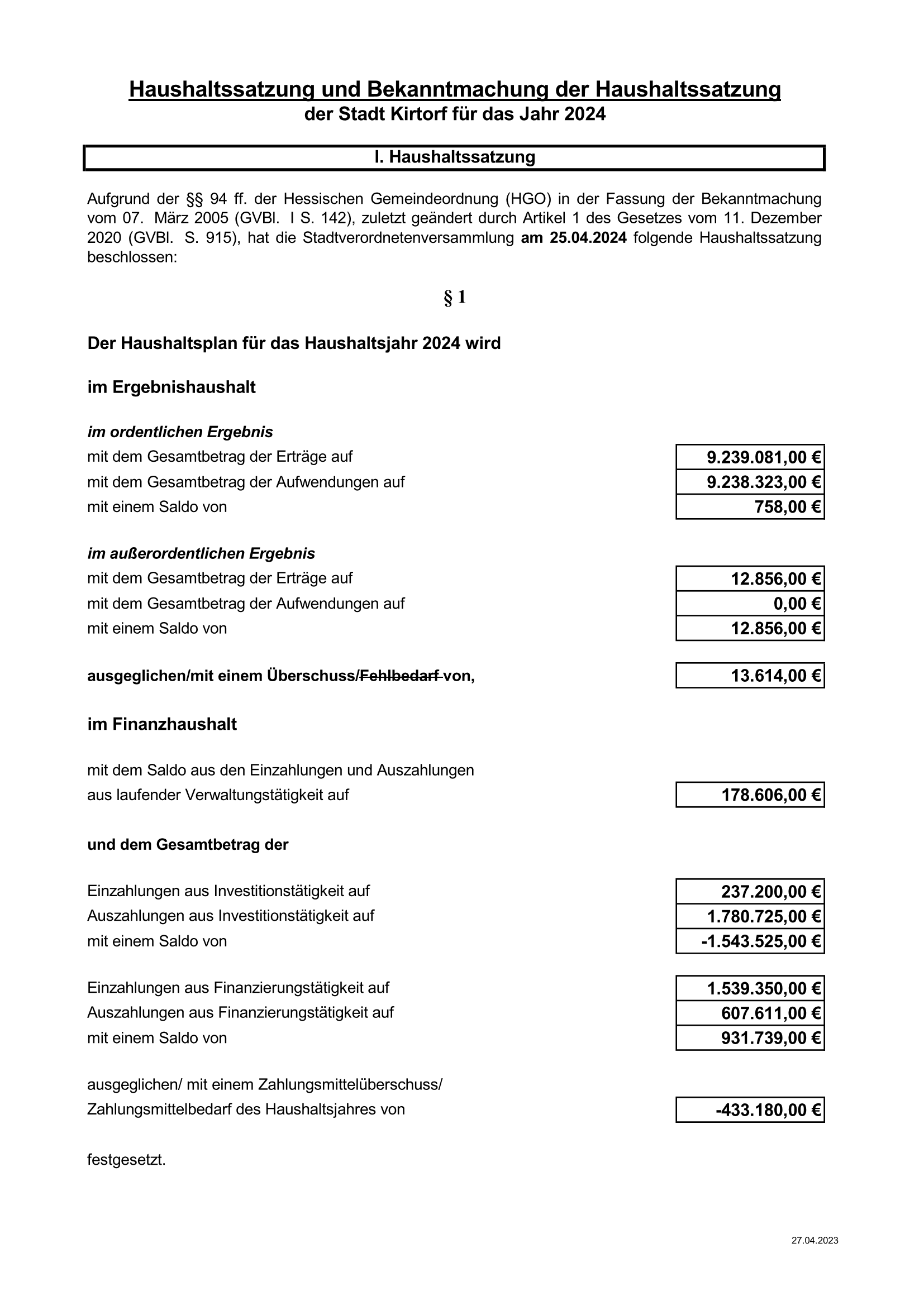 Haushaltssatzung Stadt Kirtorf 2024 Seite 1