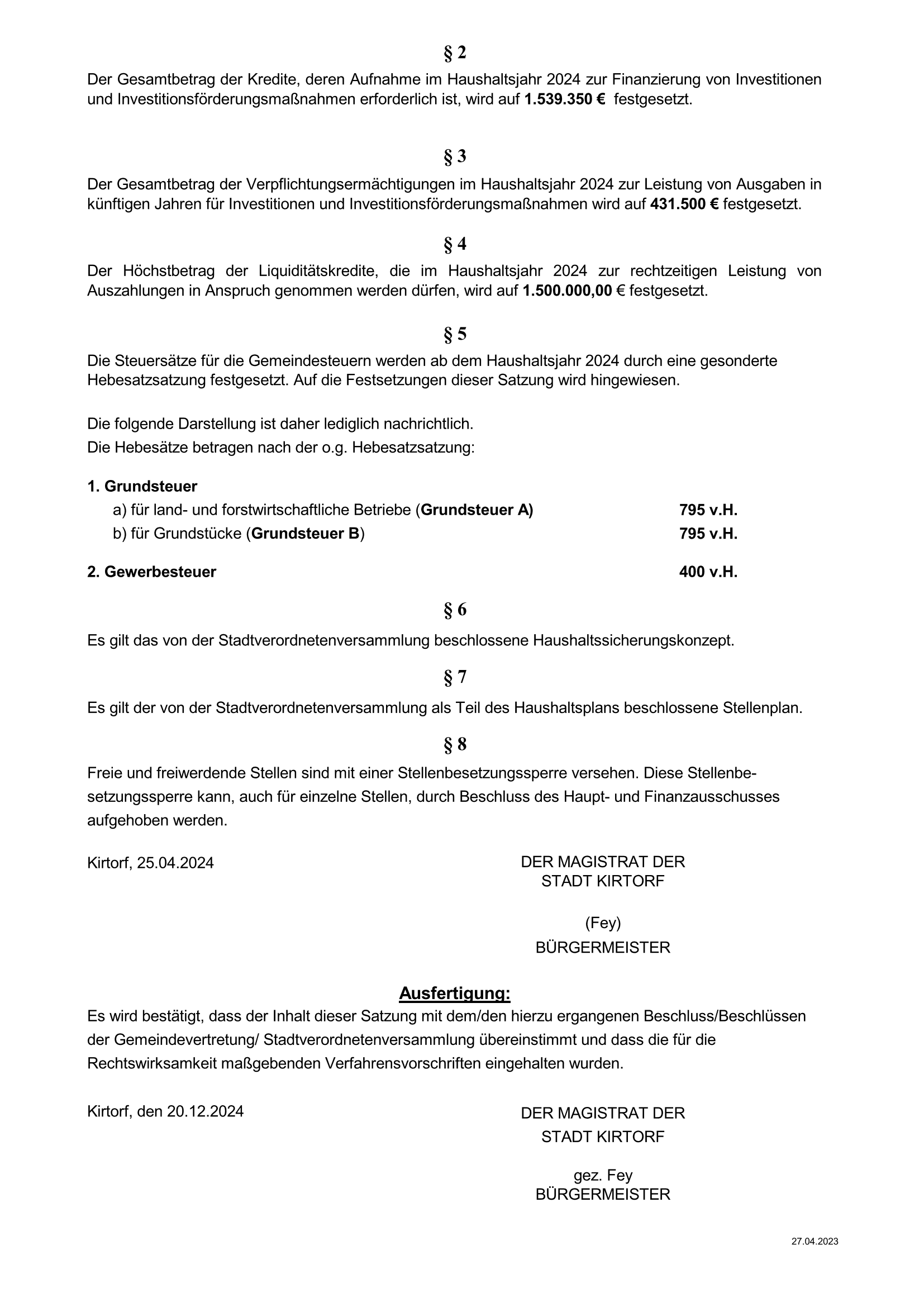 Haushaltssatzung Stadt Kirtorf 2024 Seite 2