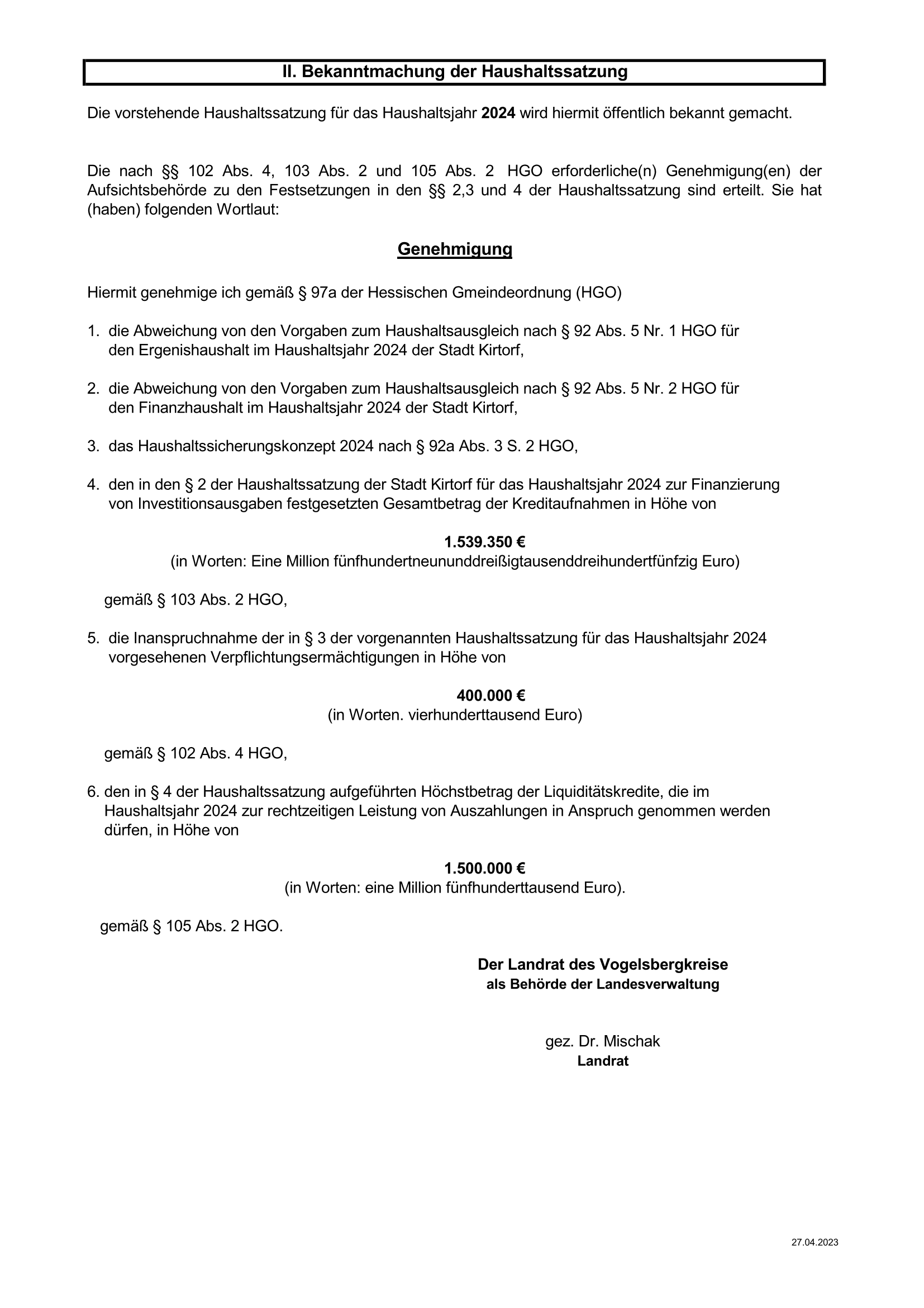 Haushaltssatzung Stadt Kirtorf 2024 Seite 3