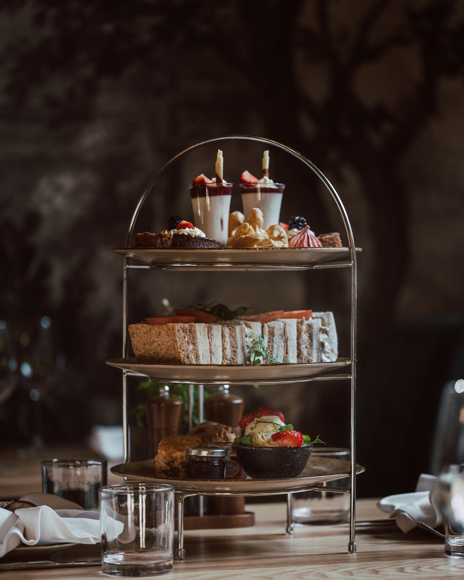 Chocolate Afternoon Tea at Stone & Ivy Restaurant, Weston Hall Hotel. British Dining in Warwickshire.