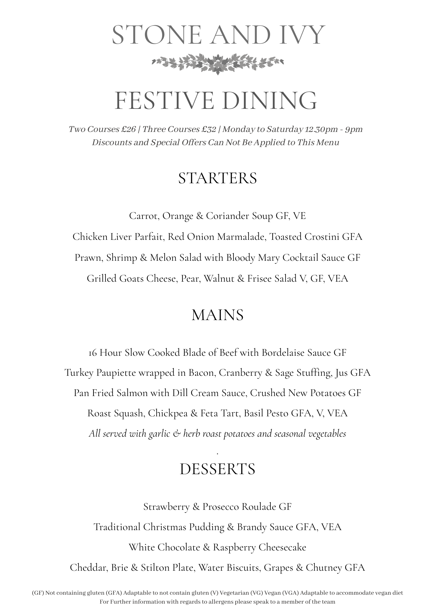 Festive Dining, Christmas Dining
Stone & Ivy Restaurant near Nuneaton & Coventry, Warwickshire. British Cuisine.
