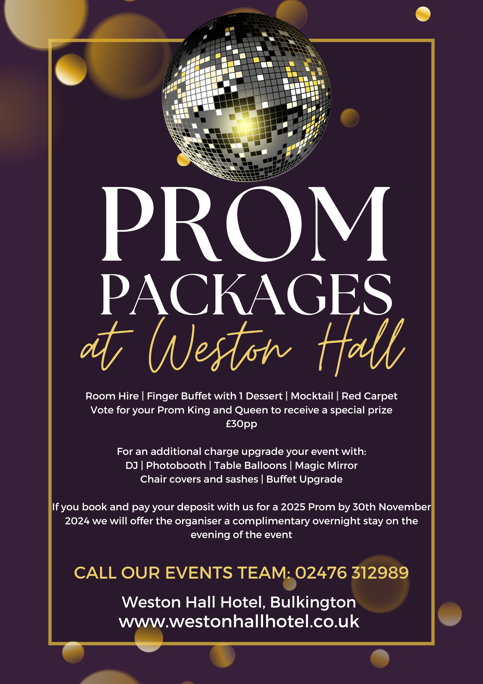 Prom venue in Warwickshire. Prom venue near Leicestershire border.