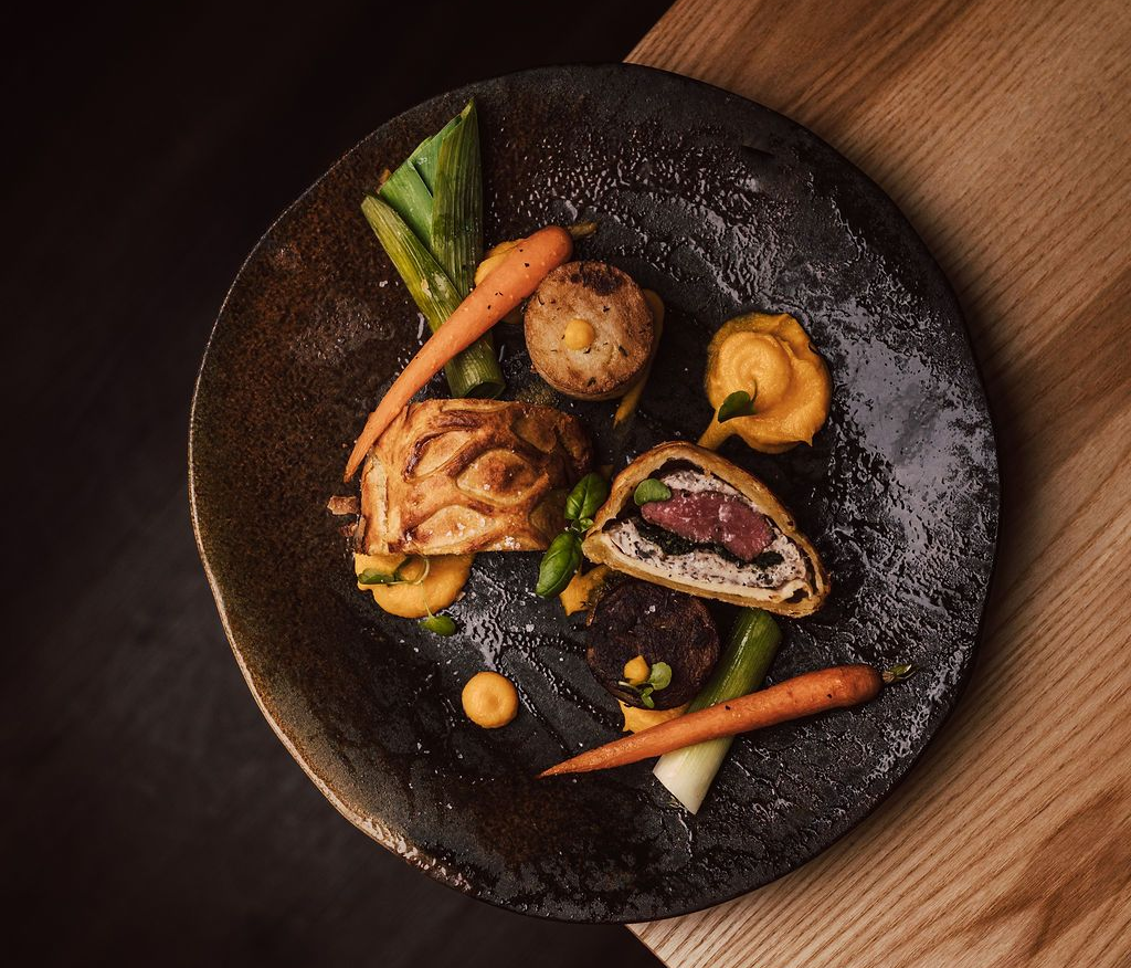 Modern British Food, Lamb Wellington, Heritage Carrots, Warwickshire Restaurant Stone & Ivy at Weston Hall