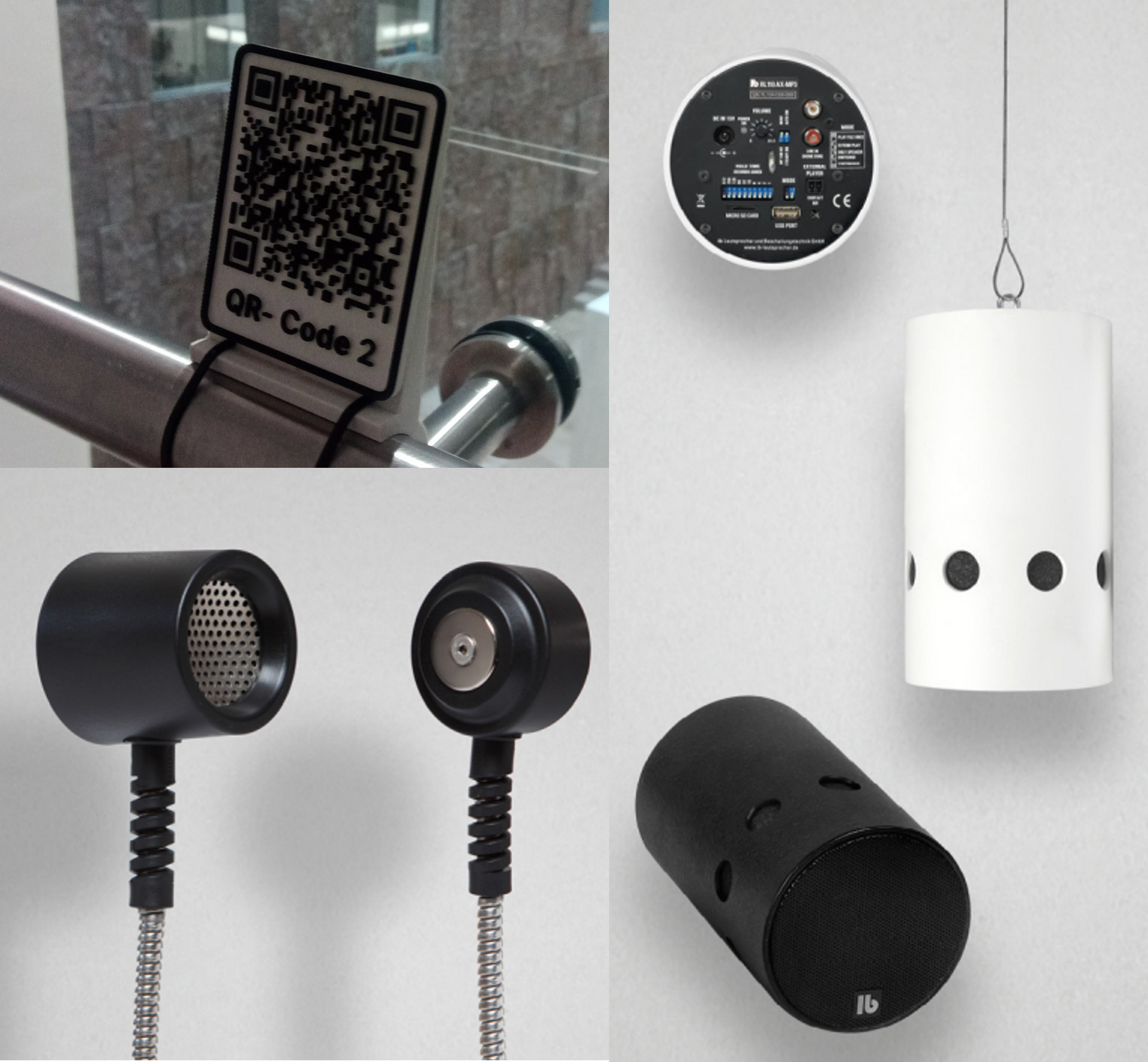 Bild mit verschiedenen Möglichkeiten für das Bereitstellen von Audiodeskription: QR-code, Einhandhörer, Richtlautsprecher