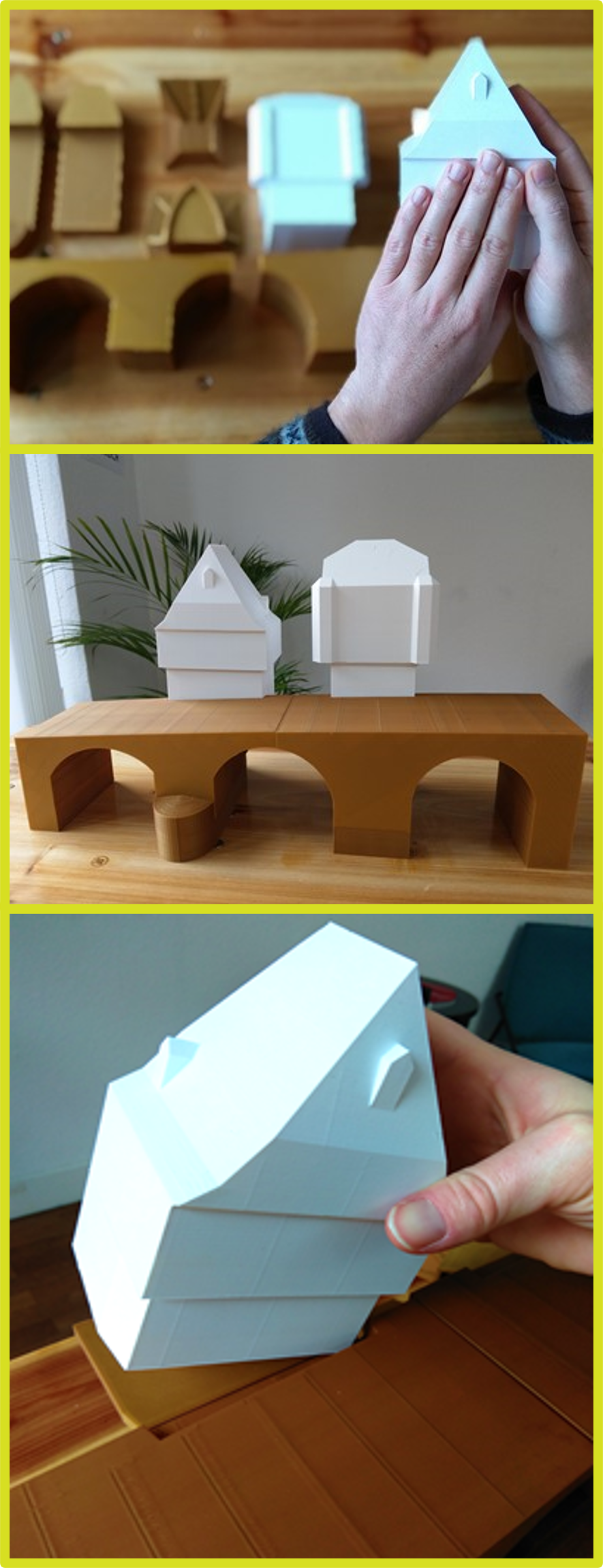 Drei Bilder eines modularen Modells in verschiedenen Stufen - in Einzelteilen, teilweise zusammengebaut, komplett zusammengebaut