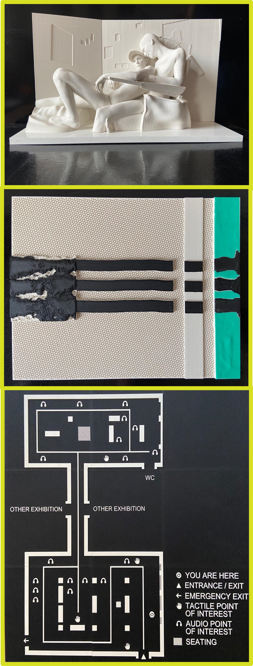 Drei Beispiele für Produkte in Museen: ein Tastmodell als Hochrelief, ein Tastmodell kontrastreich, ein taktiler Übersichtsplan