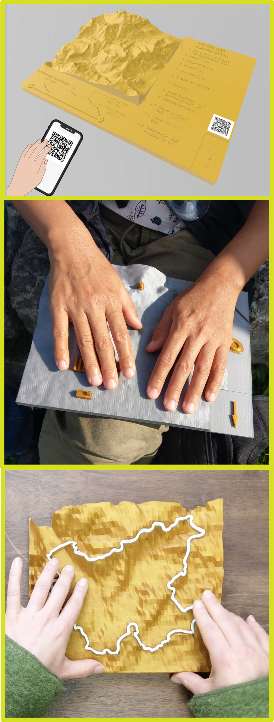 Drei Bilder von topografischen Modellen