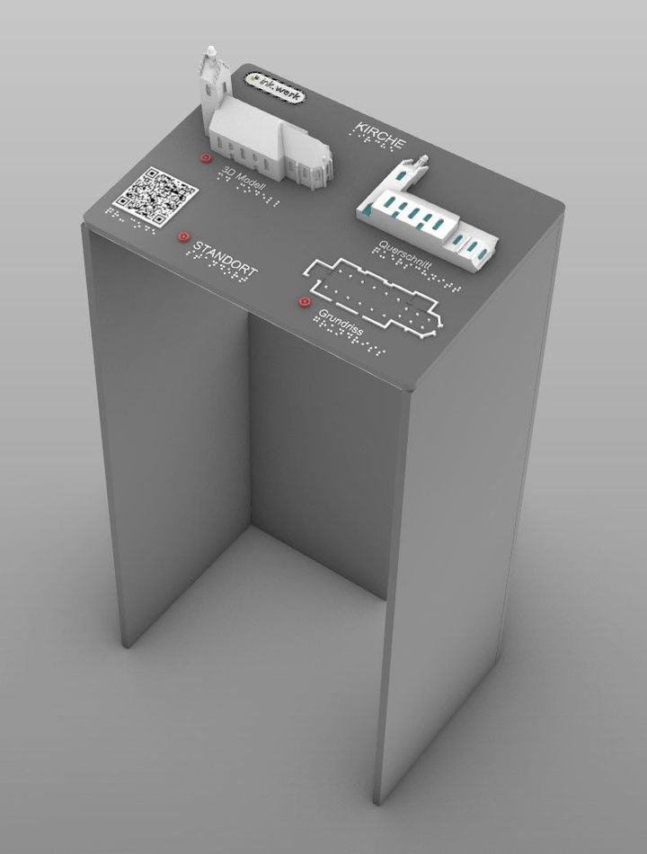 Bild einer Taststation mit dem Tastmodell einer Kirche als 3D-Modell mit Querschnitt und Grundriss