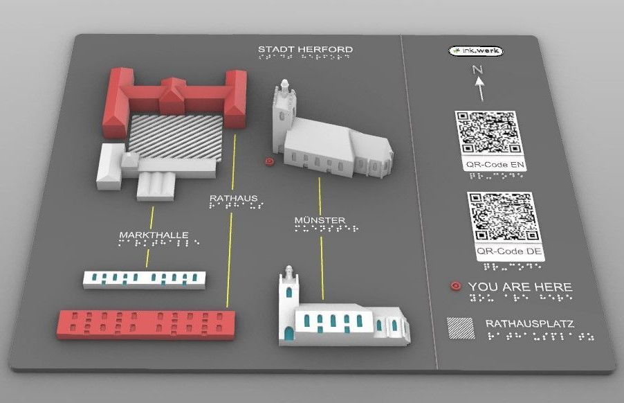 Rendering einer Taststation - also ein Tastmodell mit Erklärungen, Beschriftung in Braille, QR-Codes zum Abrufen von Audiodeskription, Detailansichten