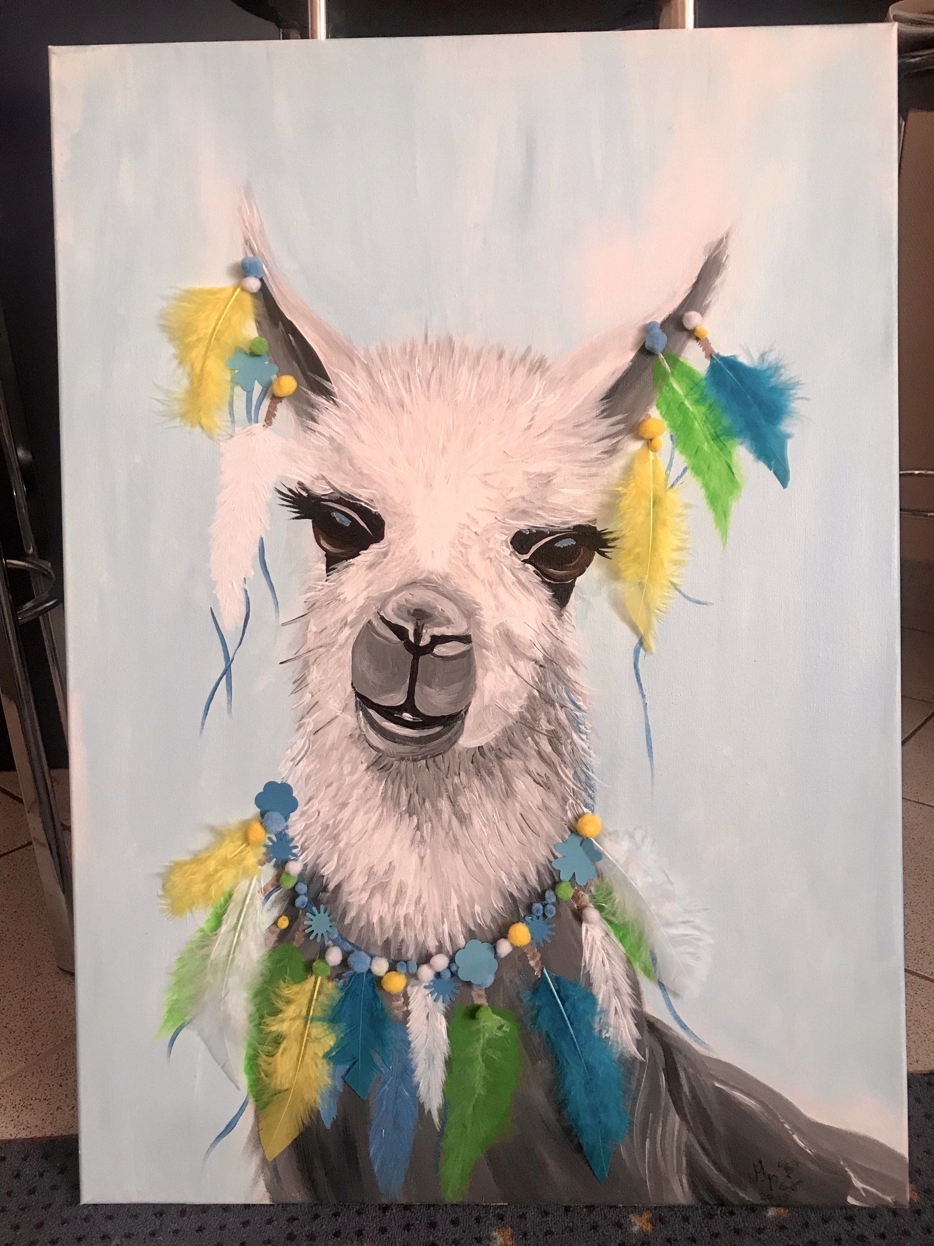 Lama, Festival, Feder, Acryl, Leinwand