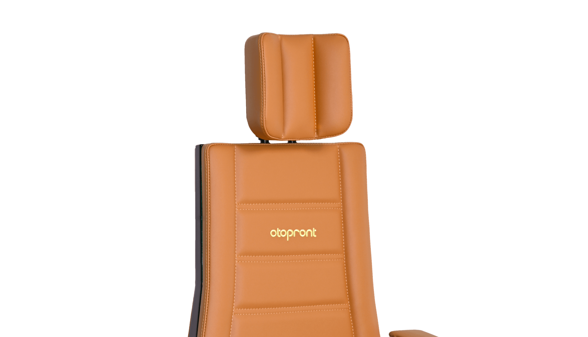 Detail cut-out decorative stitching upholstery cognac with embroidered logo and headrest