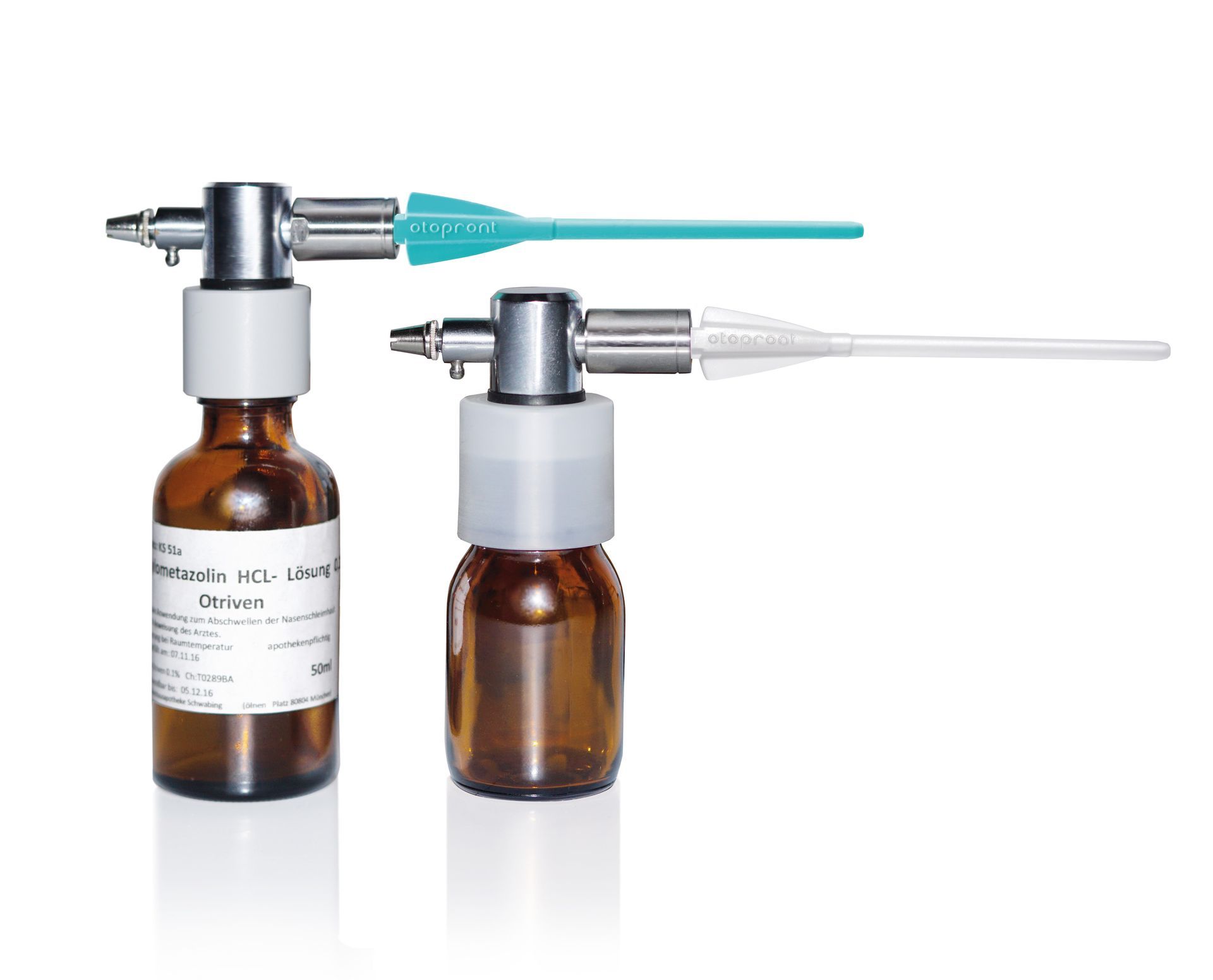 Pharmacy bottles with attached disposable spray cannulas