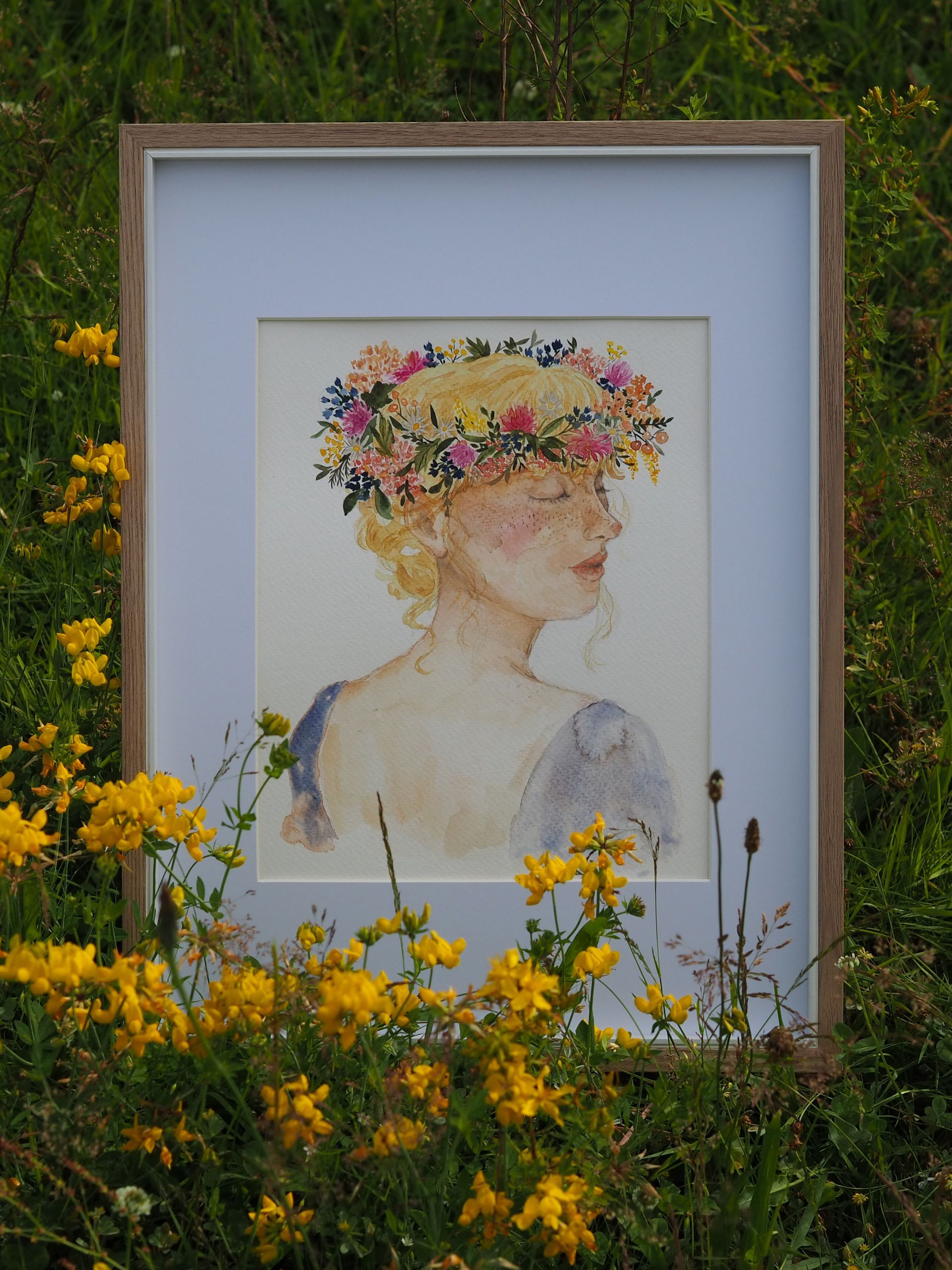 Aquarell Portrait Midsommar Mädchen mit Blumenkranz